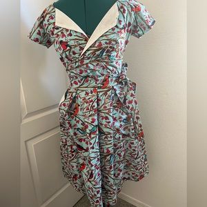 Red Cardinal Victory Parade 40s/50s vintage bird tea dress, pockets swing skirt